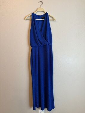 Alexa B Nights Size 6 Royal Blue Sparkly Midi Dress Halter Formal Evening Prom